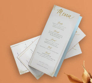 Cartes de menu imprimées sur mesure avec un design élégant, idéales pour les mariages, restaurants et événements spéciaux